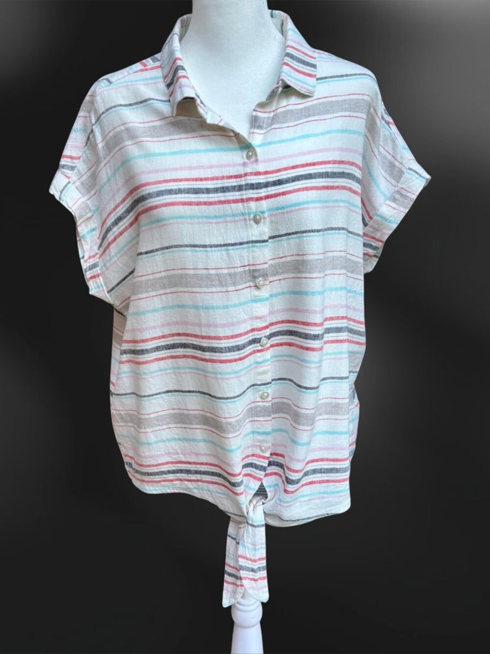 Weatherproof Vintage Linen Blend Striped Tie Front Top Relaxed Fit Coastal Med